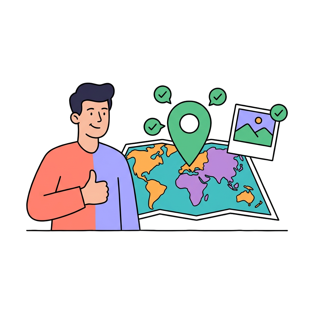 Happy person next to a map with the pin in the correct location