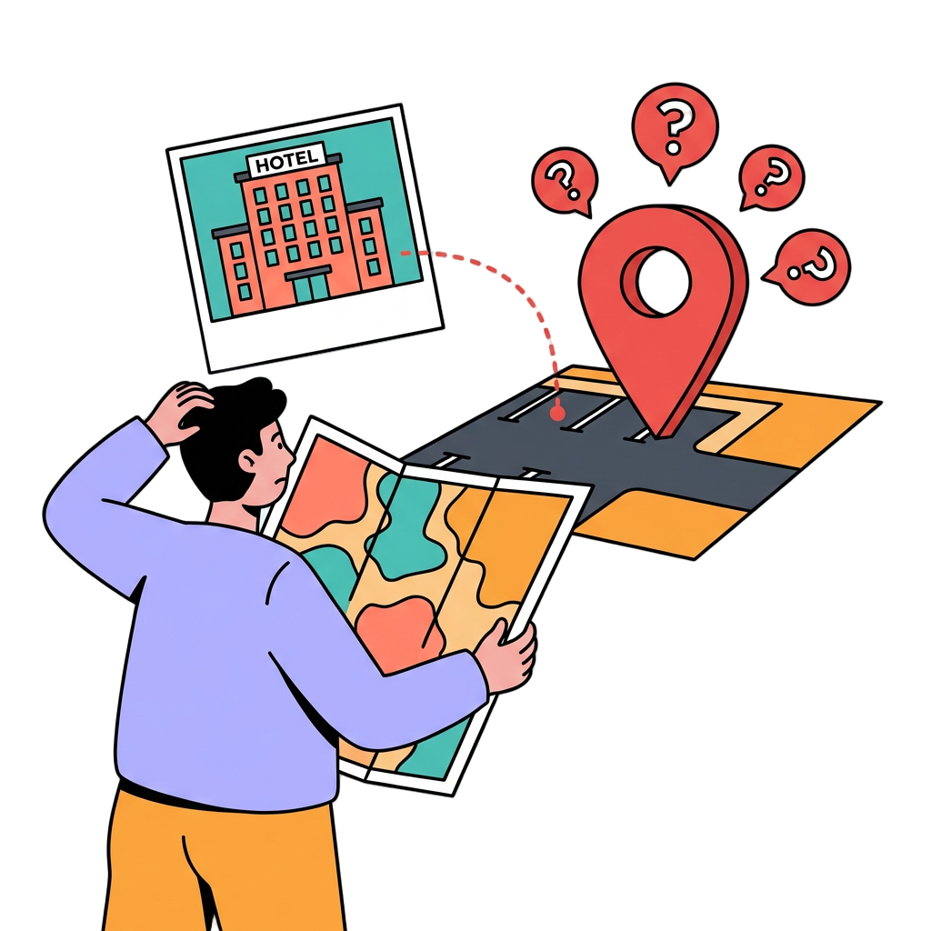 Person confused looking at a map with a pin in the wrong location