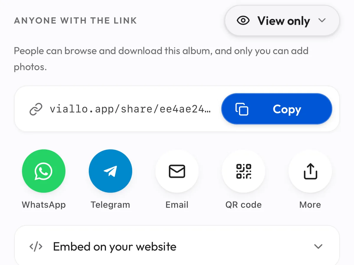The share window with the album link, a QR code and the roles people can be given